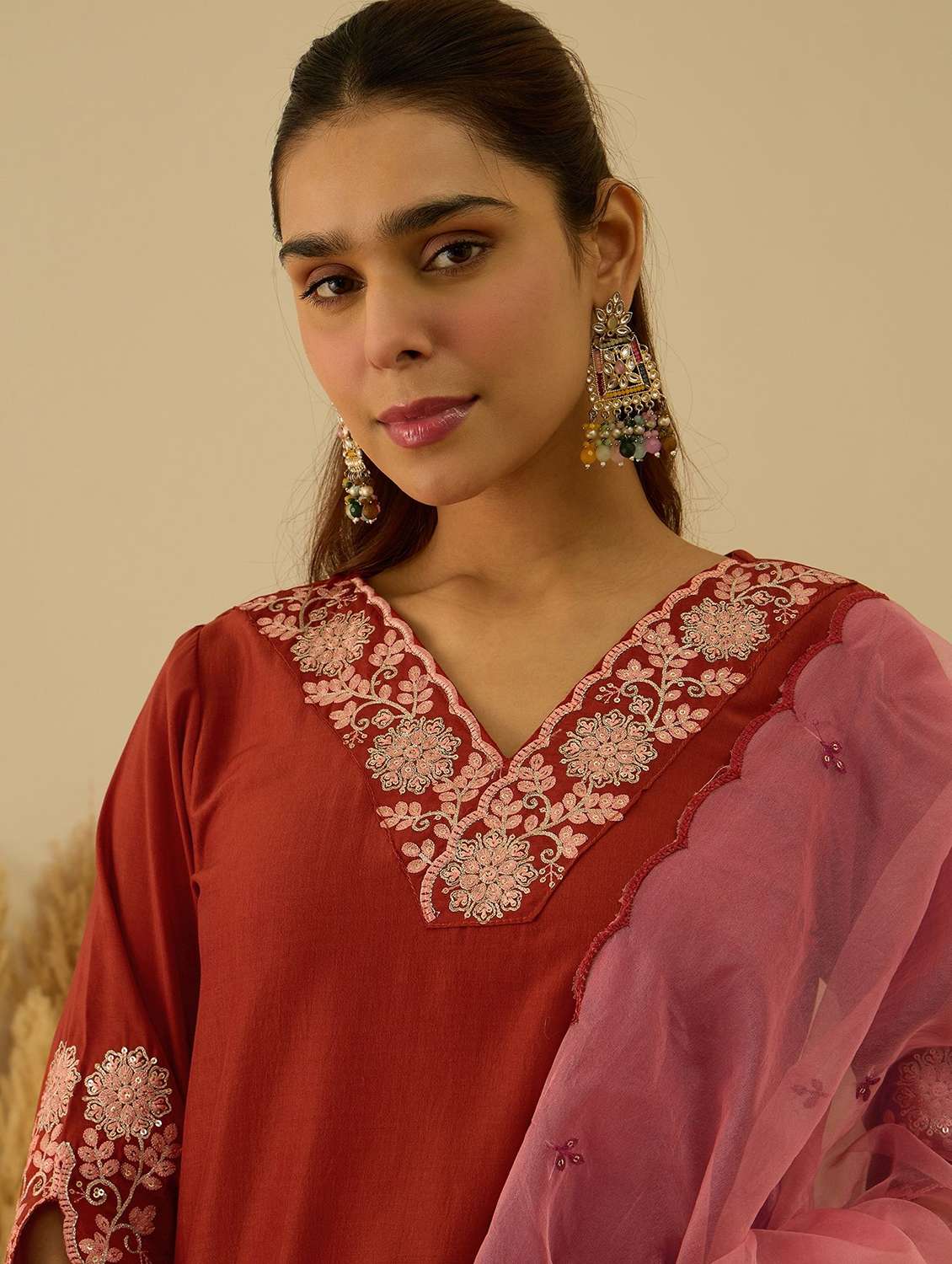 Women Solid With Work Three Quarter Sleeve Kurta Pant With Dupatta Set - 22322644 -  Standard Image - 5