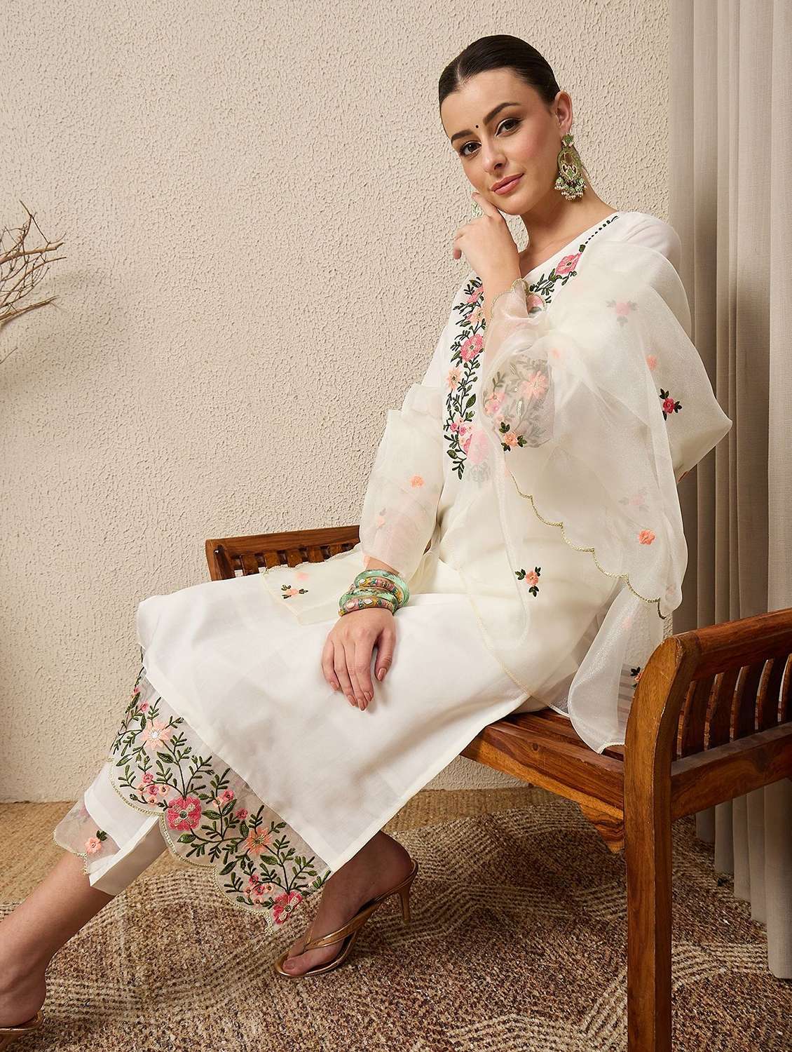 women solid with work three quarter sleeve kurta pant with dupatta set - 22322655 -  Standard Image - 3