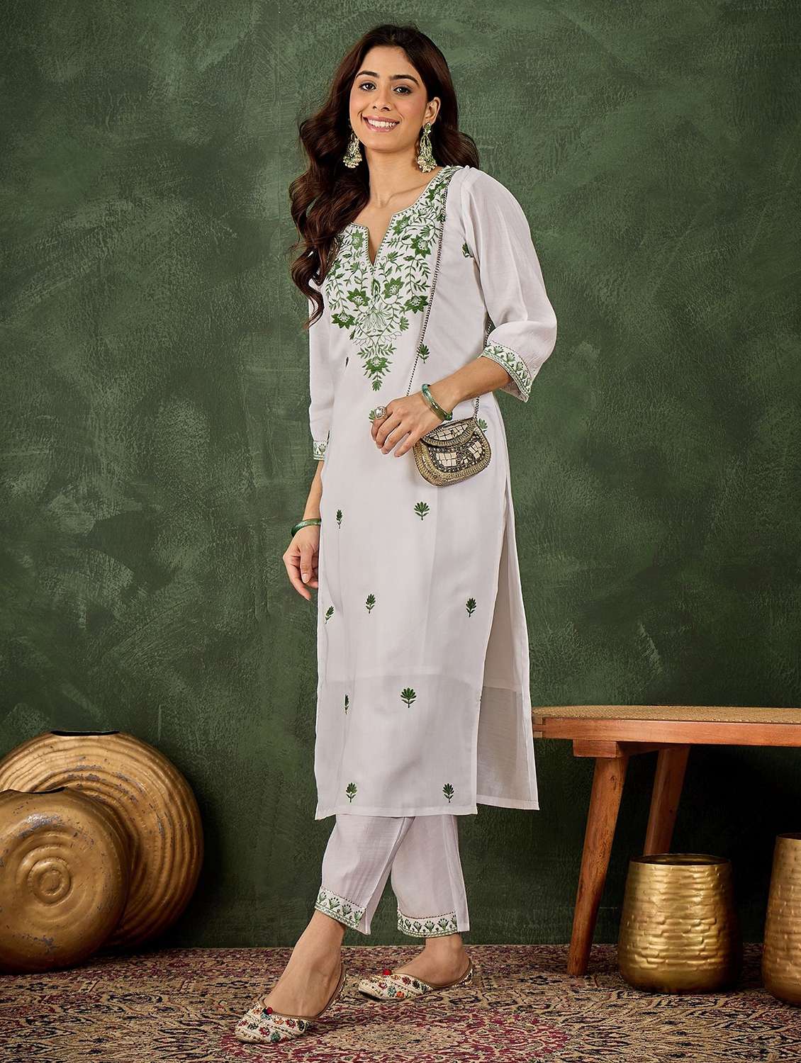 women solid with work three quarter sleeve kurta pant set
