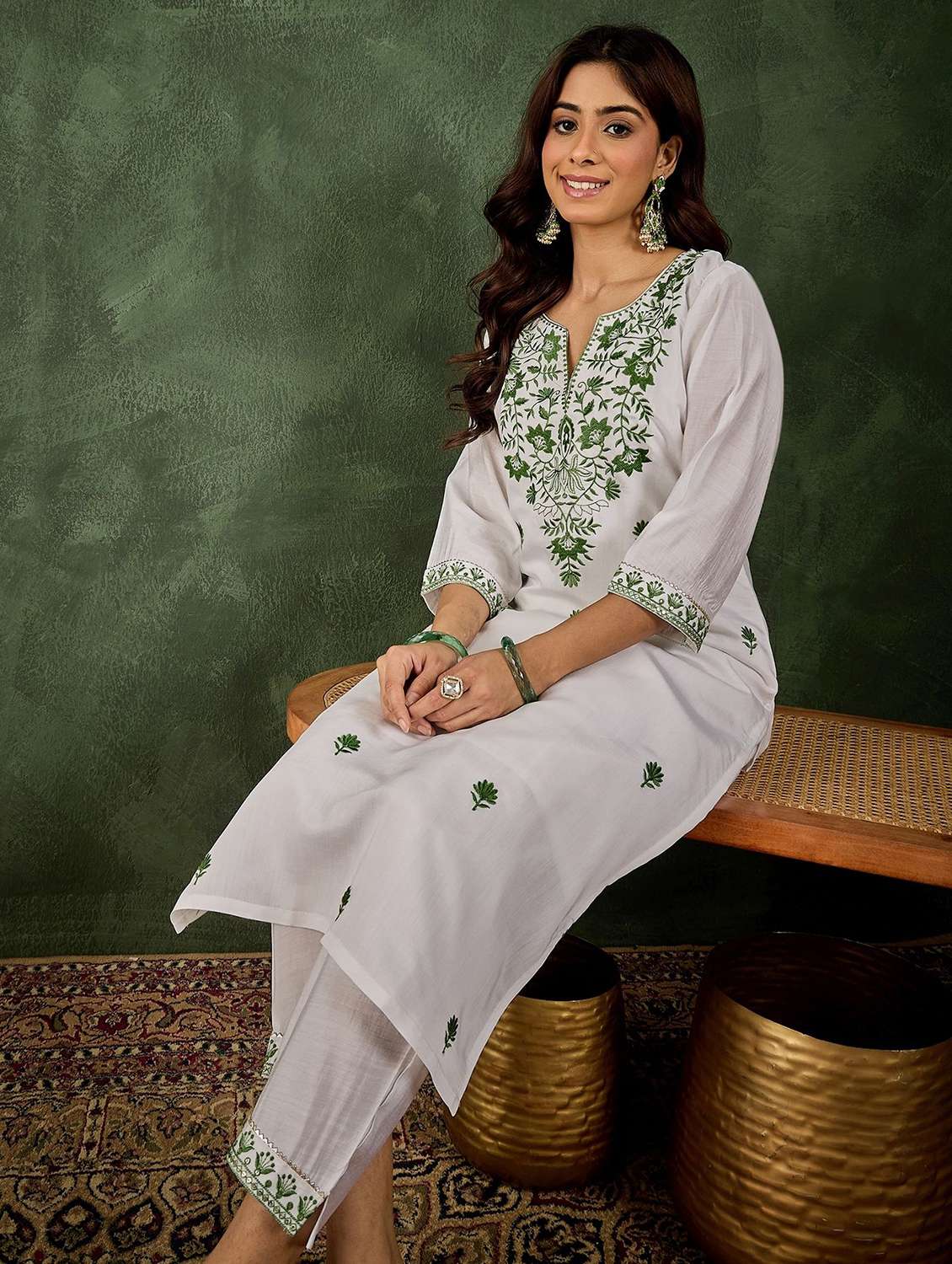 women solid with work three quarter sleeve kurta pant set - 22322667 -  Standard Image - 3