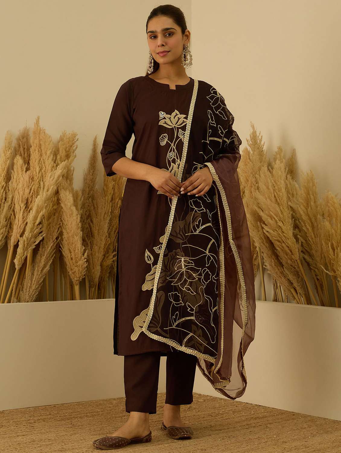 women solid with work three quarter sleeve kurta pant with dupatta set