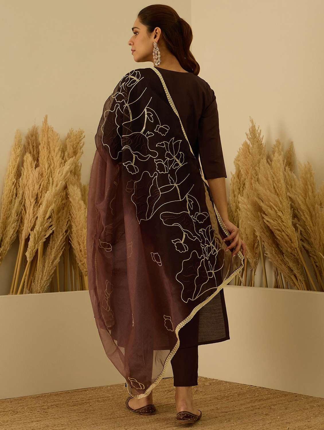 women solid with work three quarter sleeve kurta pant with dupatta set - 22322672 -  Standard Image - 3