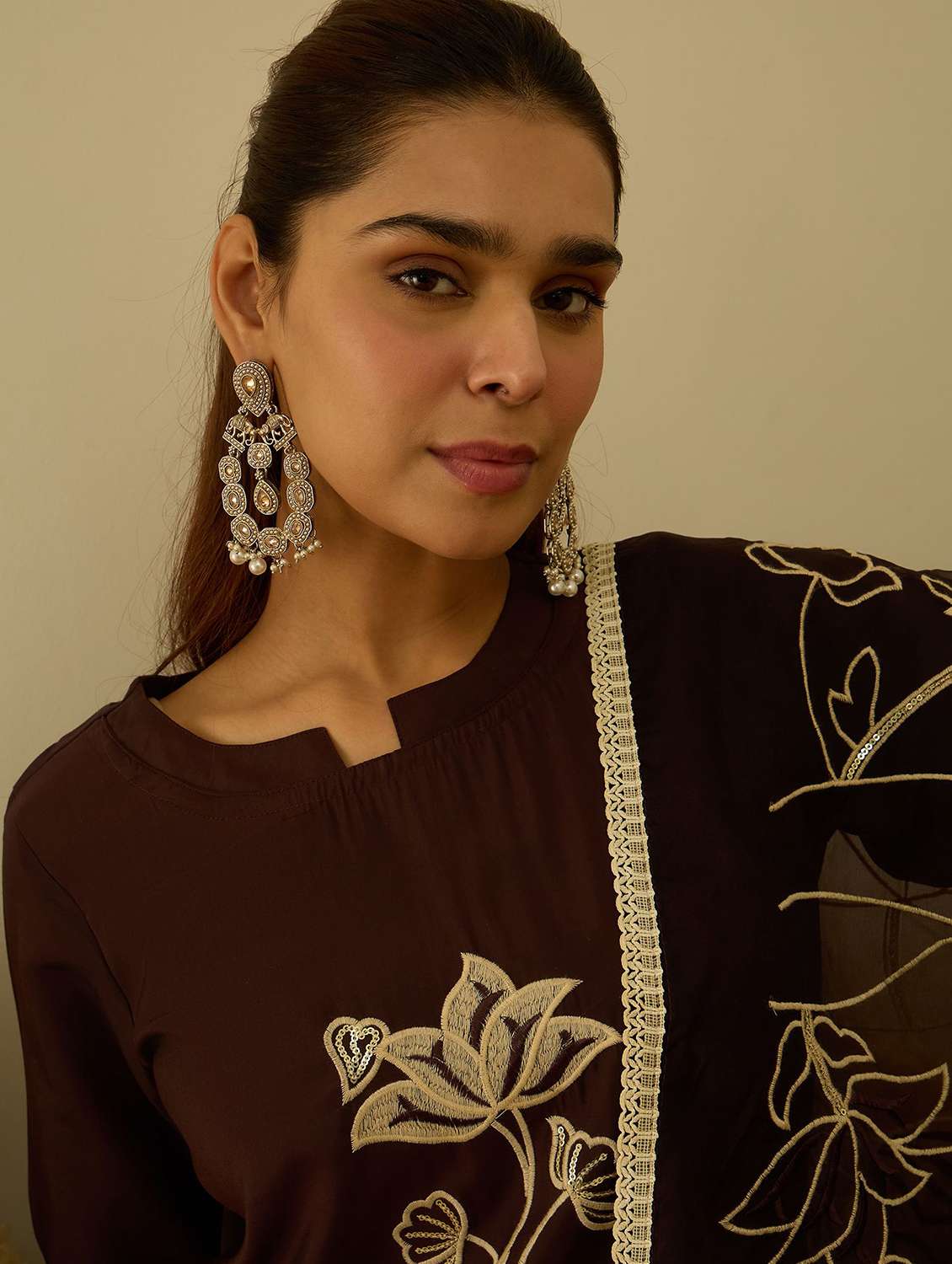 women solid with work three quarter sleeve kurta pant with dupatta set - 22322672 -  Standard Image - 5