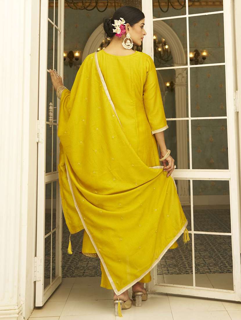 women solid with work three quarter sleeve kurta pant with dupatta set - 22322678 -  Standard Image - 3