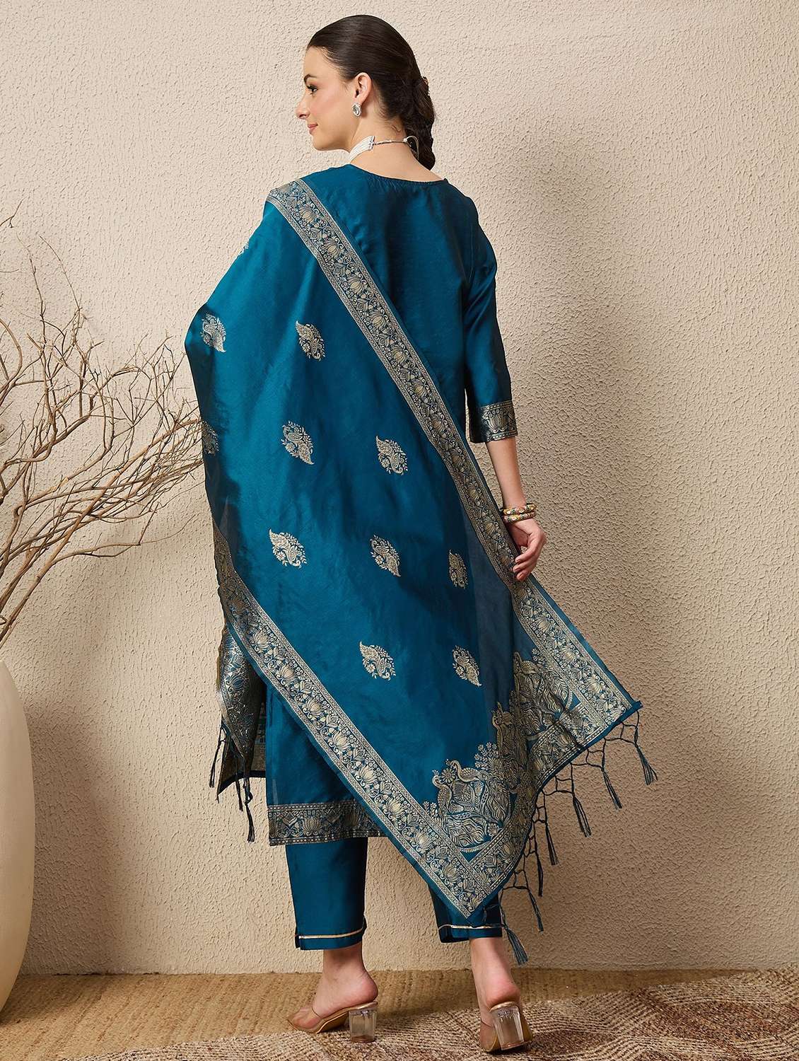 Women Self Design Three Quarter Sleeve Kurta Pant With Dupatta Set - 22322682 -  Standard Image - 3