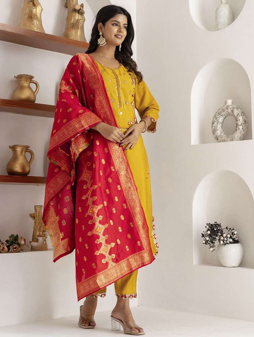 women solid with work three quarter sleeve kurta pant with dupatta set
