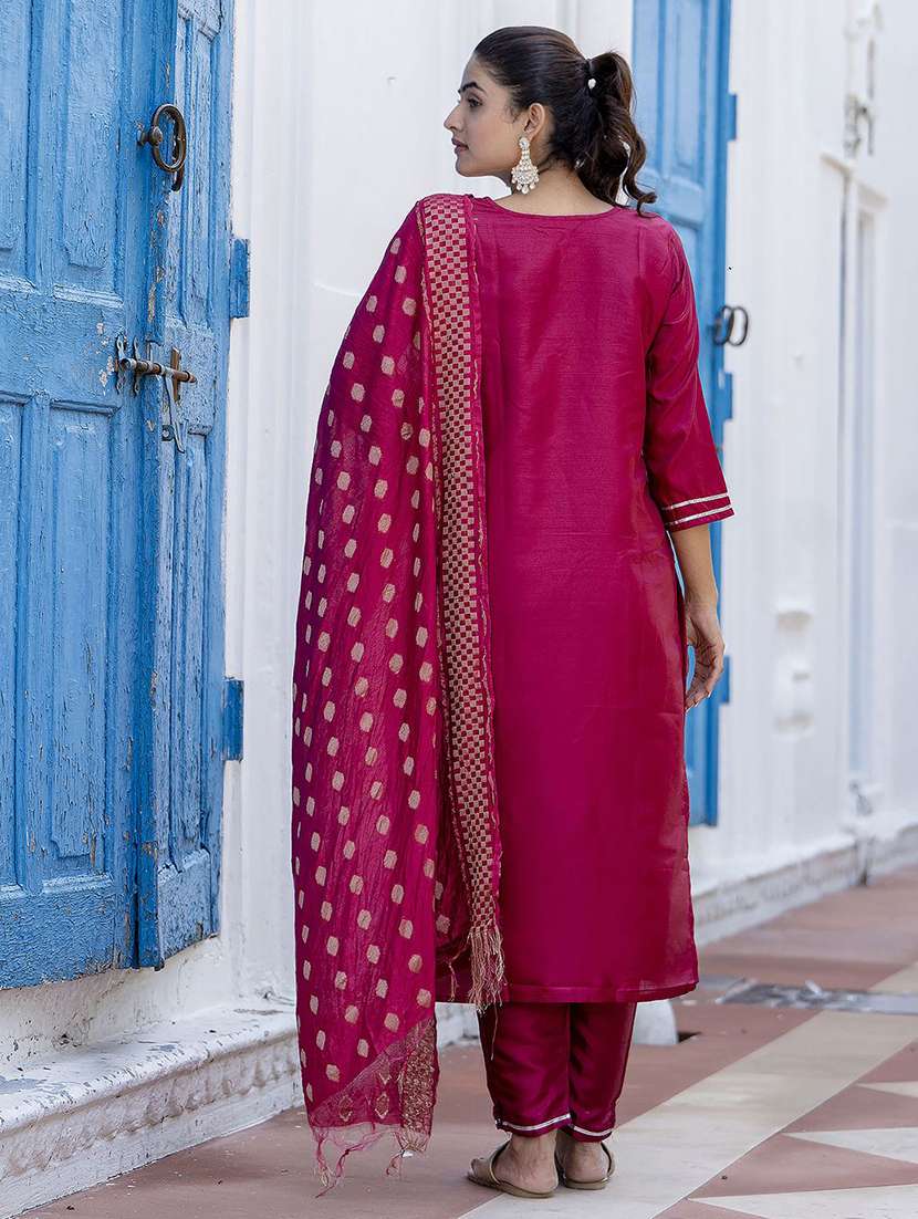 women solid with work three quarter sleeve kurta pant with dupatta set - 22322696 -  Standard Image - 3