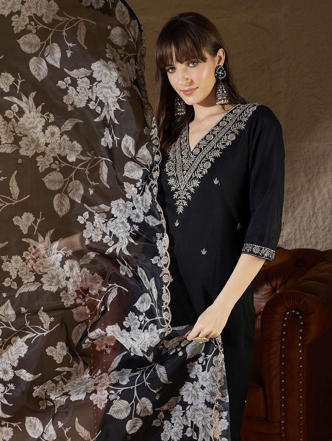 women solid with work three quarter sleeve kurta pant with dupatta set - 22322701 -  Standard Image - 3
