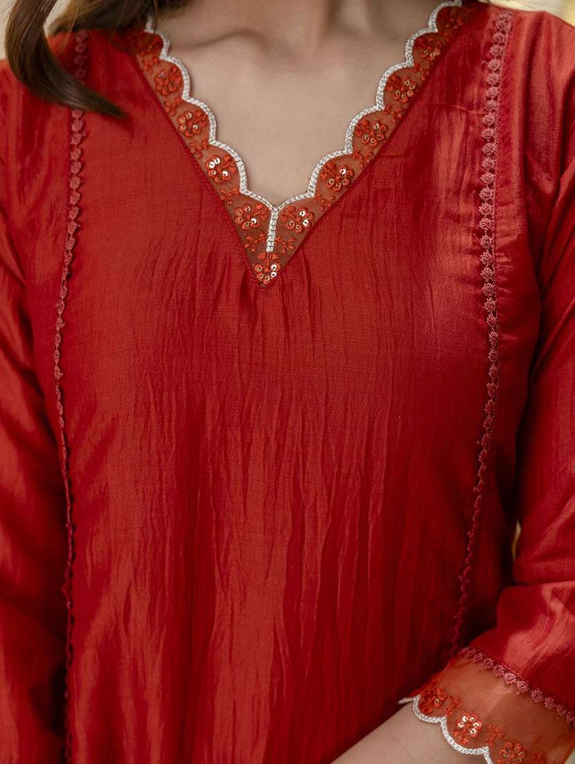 women solid with work three quarter sleeve kurta pant with dupatta set - 22322702 -  Standard Image - 5