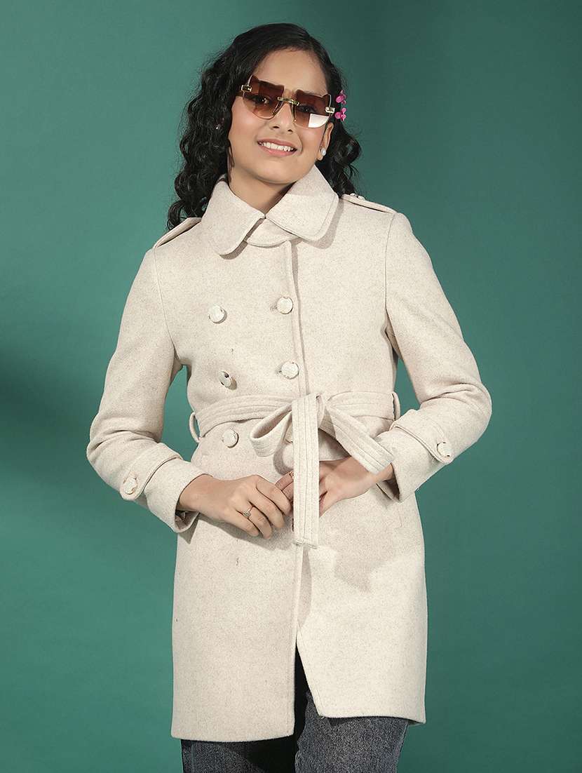 girls solid collared long sleeve trench coat
