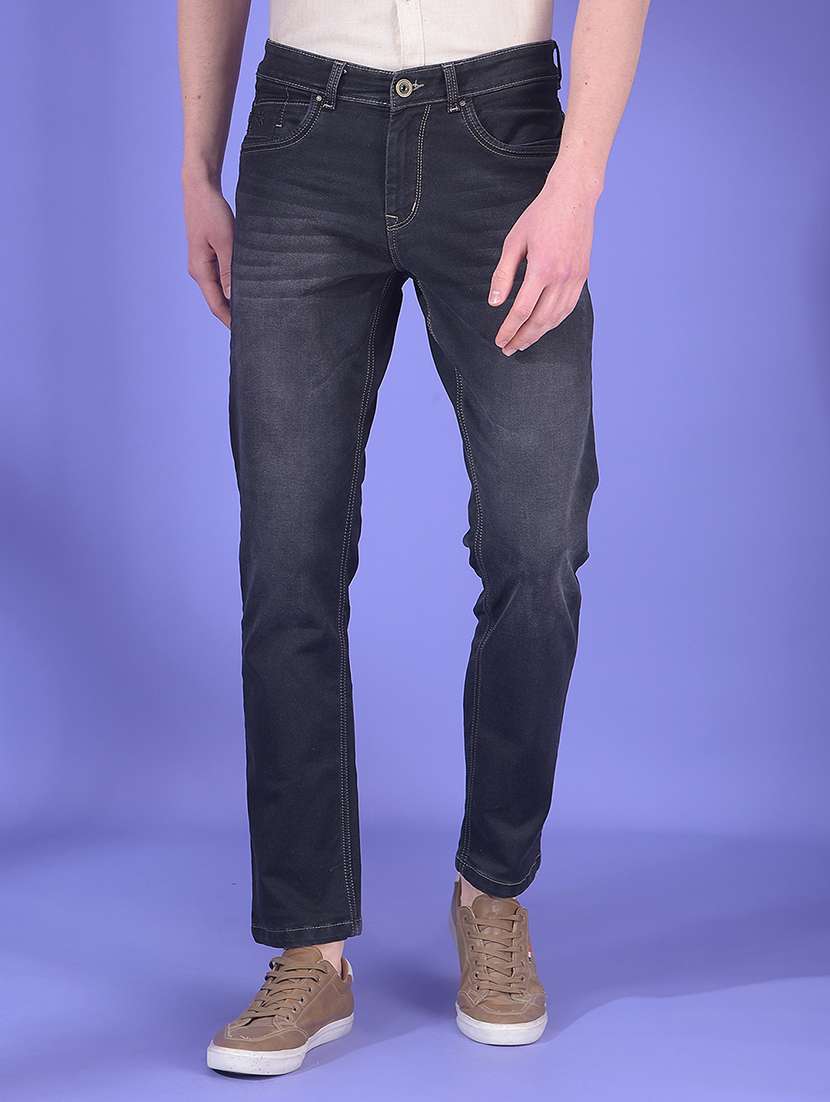 men washed mid rise full length jeans