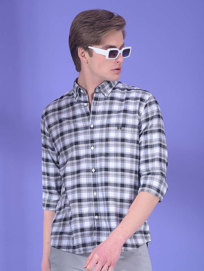 men checkered long sleeve slim fit casual shirt