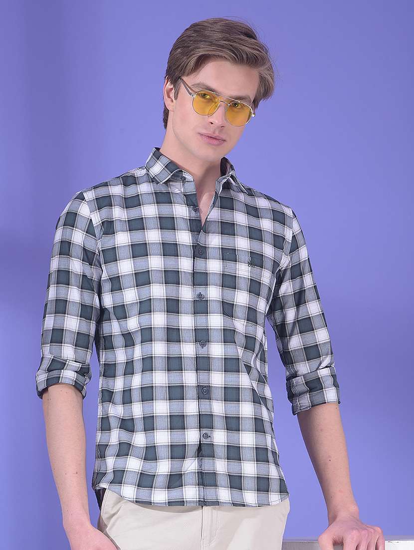 men checkered long sleeve slim fit casual shirt