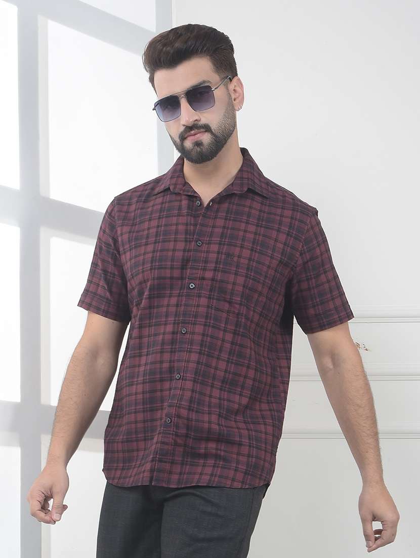 men checkered short sleeve slim fit casual shirt