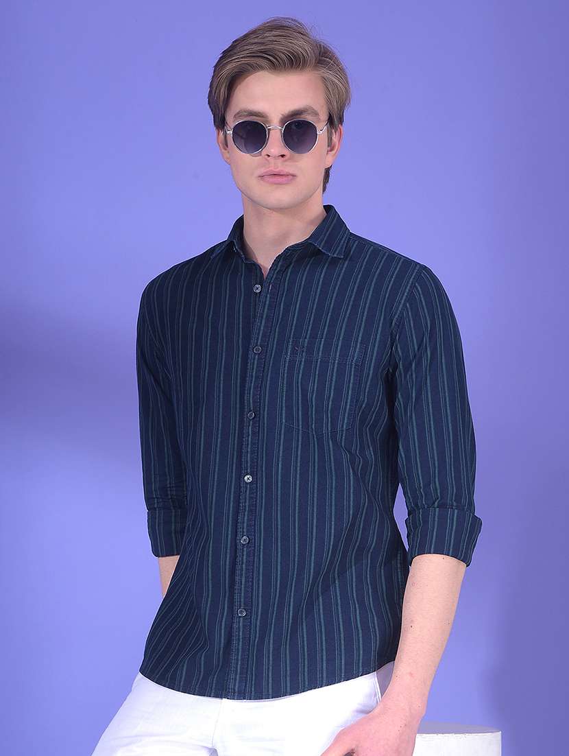 men striped long sleeve slim fit casual shirt