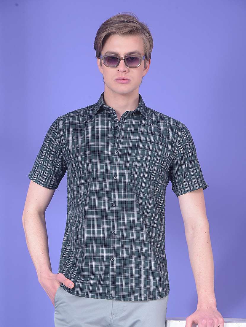 men checkered short sleeve slim fit casual shirt