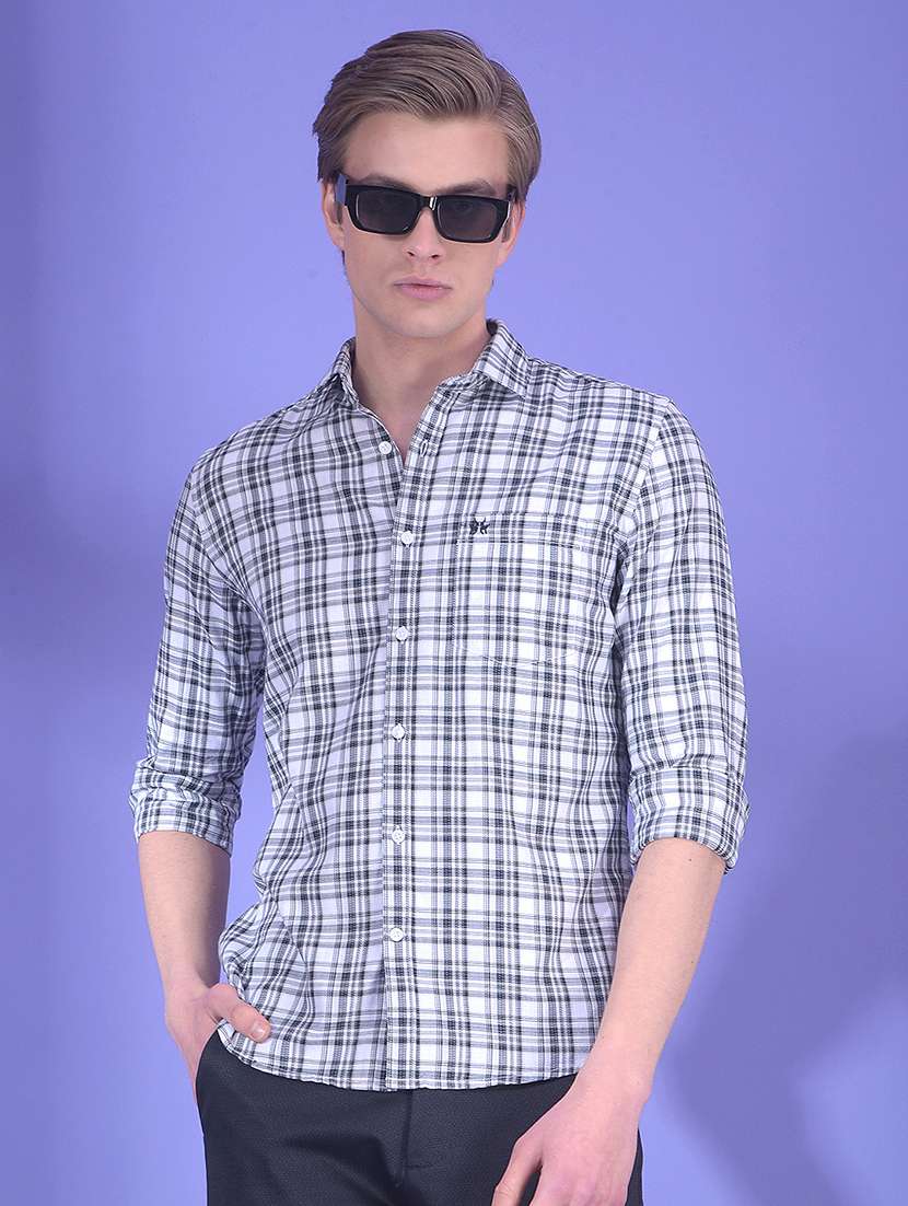 men checkered long sleeve slim fit casual shirt