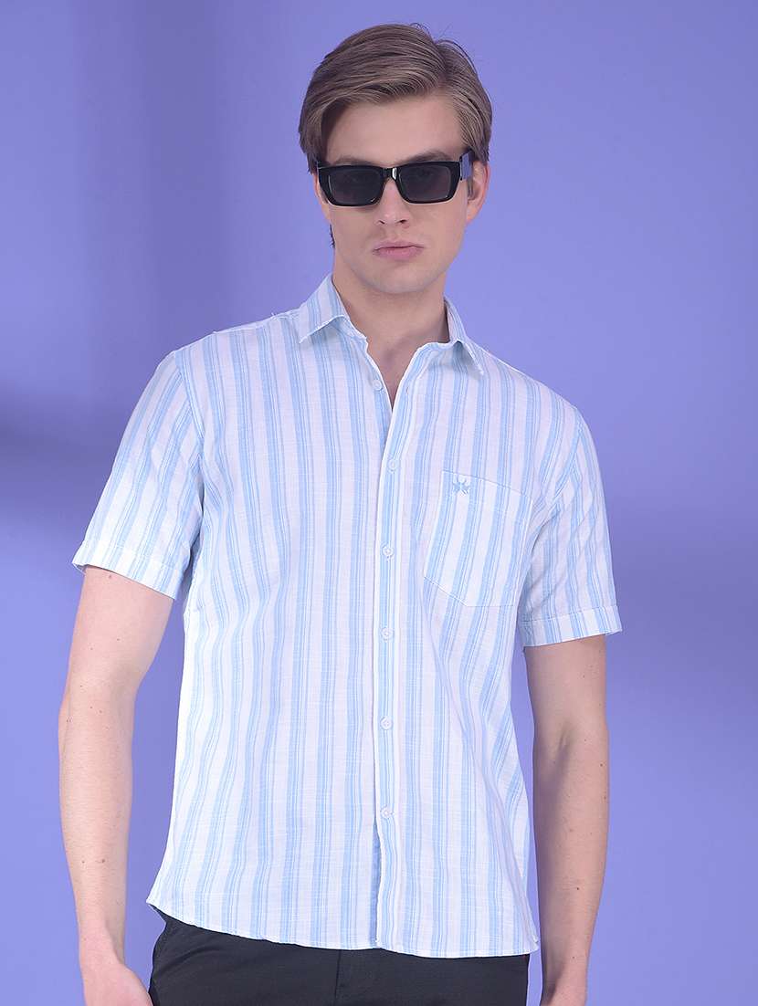 men striped short sleeve slim fit casual shirt