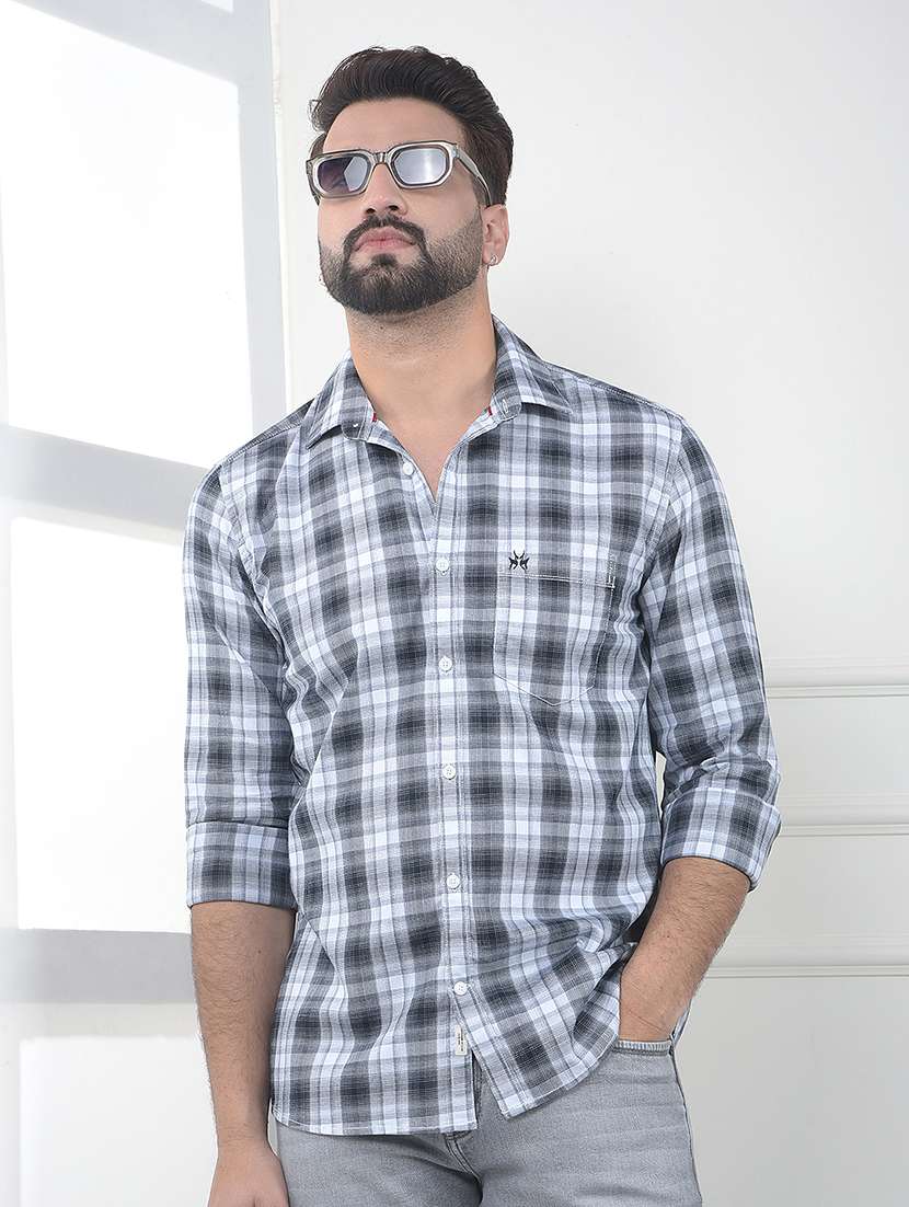 men checkered long sleeve slim fit casual shirt