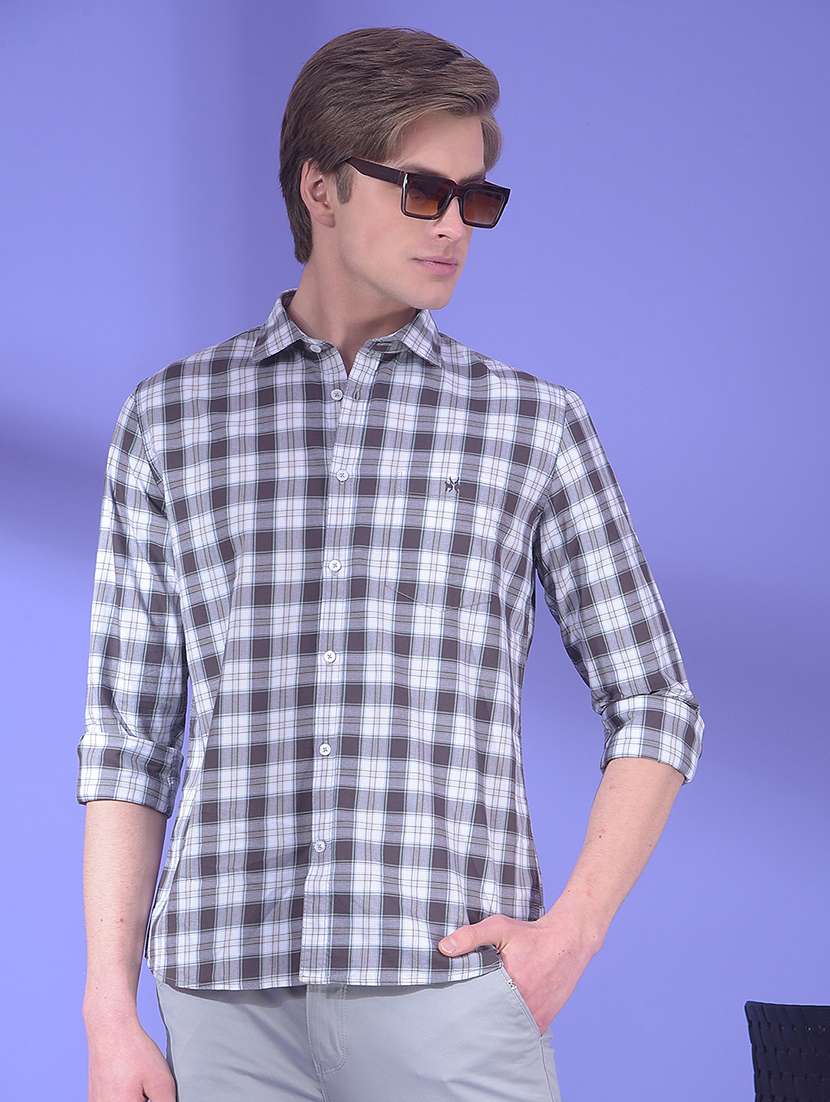 men checkered long sleeve slim fit casual shirt
