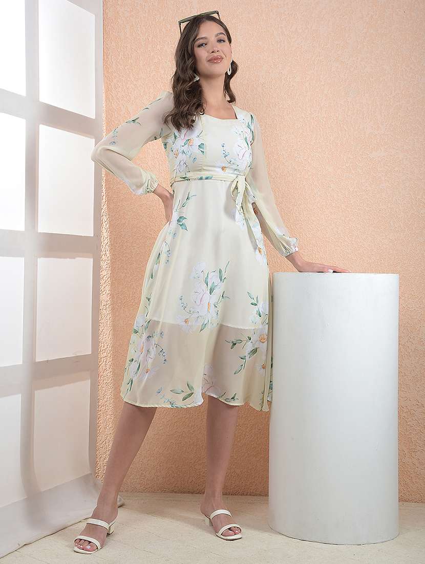women prinyed puff sleeve a-line dress
