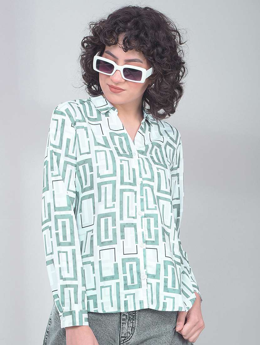 women printed collared long sleeve shirt