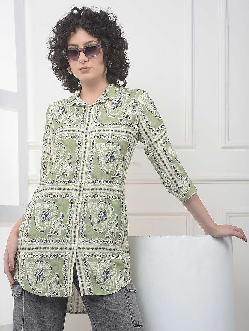 women printed three quarter sleeve high low shirt