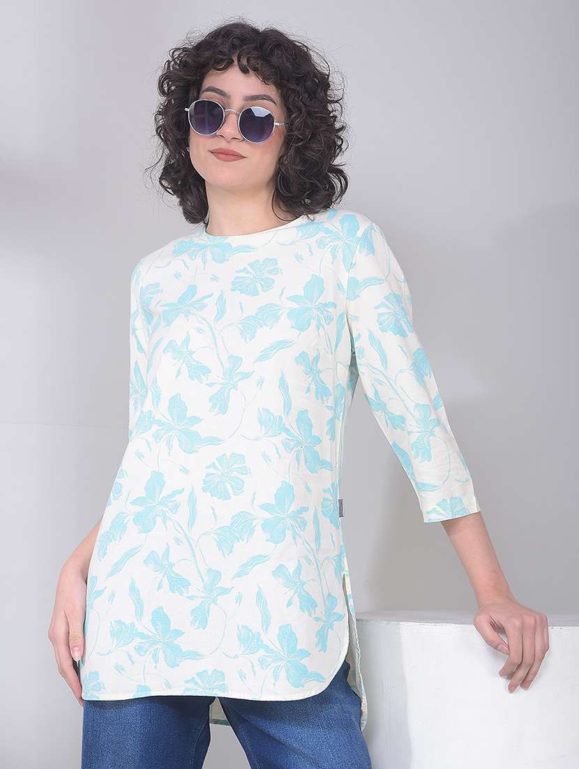 women floral print round neck high low tunic