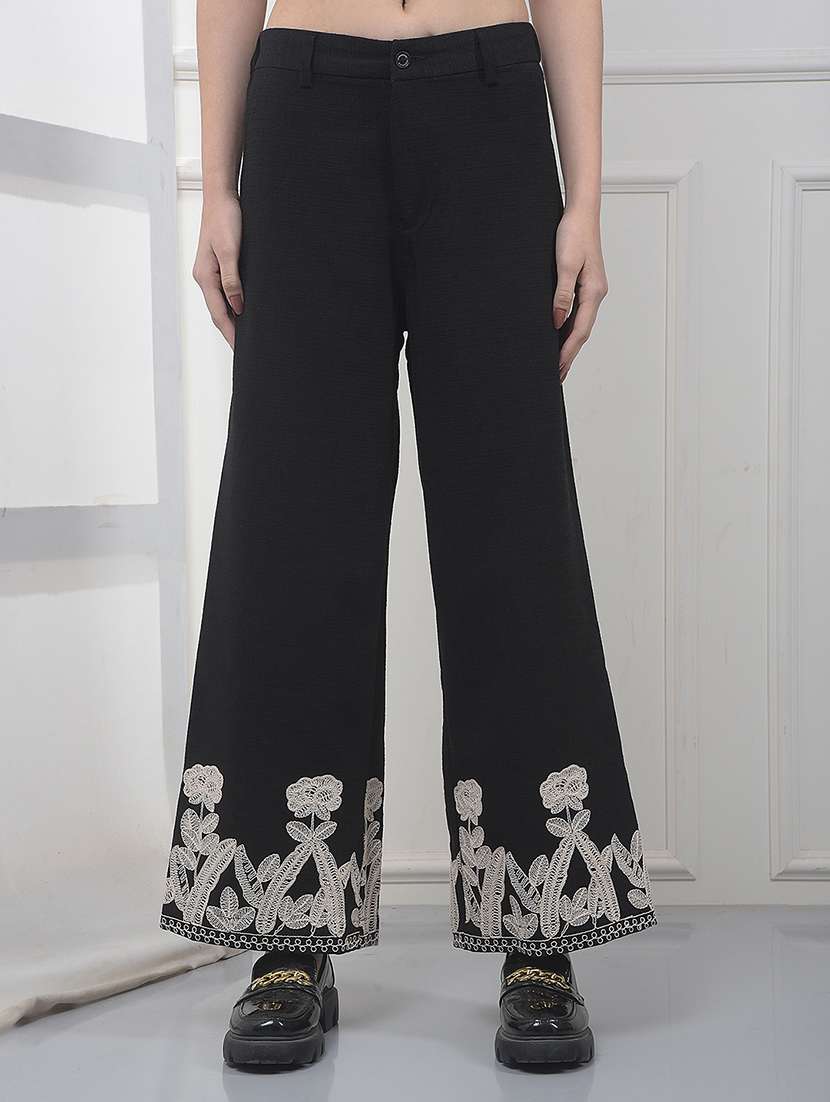 women embroidered mid rise wide leg trouser