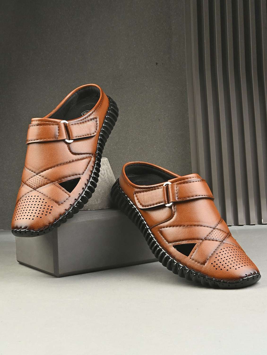 men tan slip on sandal