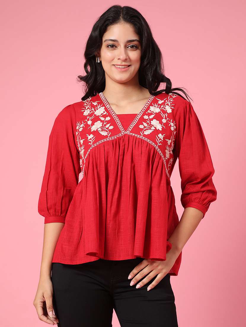 women solid with work puff sleeve a-line top
