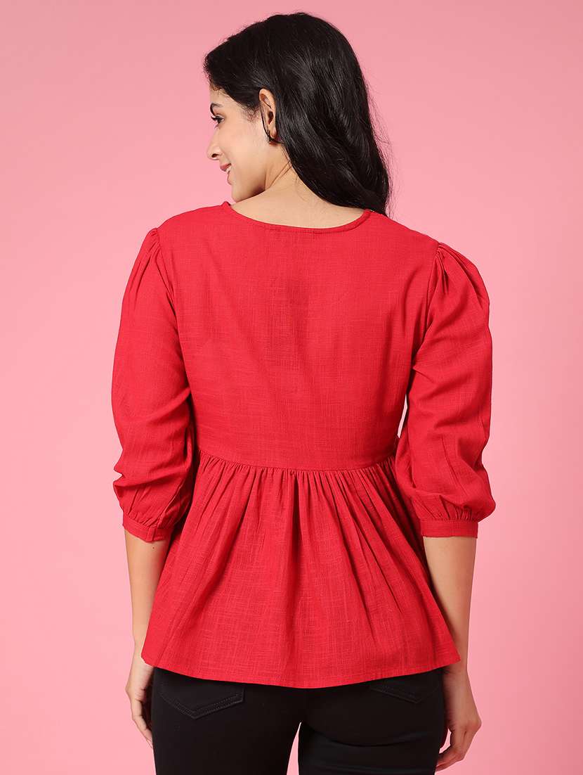 Women Solid With Work Puff Sleeve A-line Top - 22323616 -  Standard Image - 3
