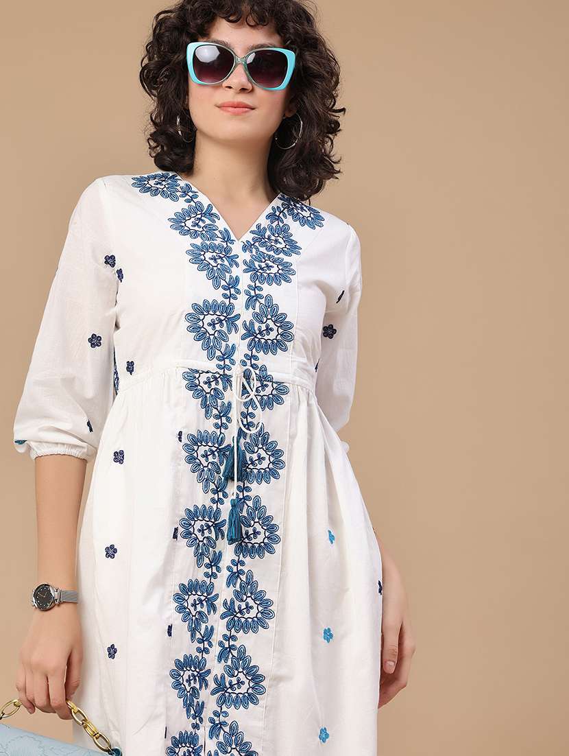 women embroidered three quarter sleeves a-line dress