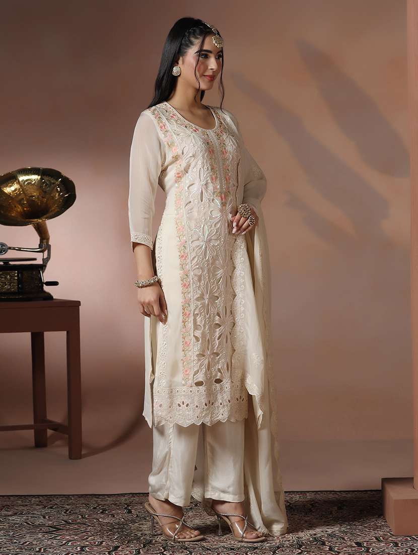 women solid with work three quarter sleeve kurta pant with dupatta set - 22324129 -  Standard Image - 3