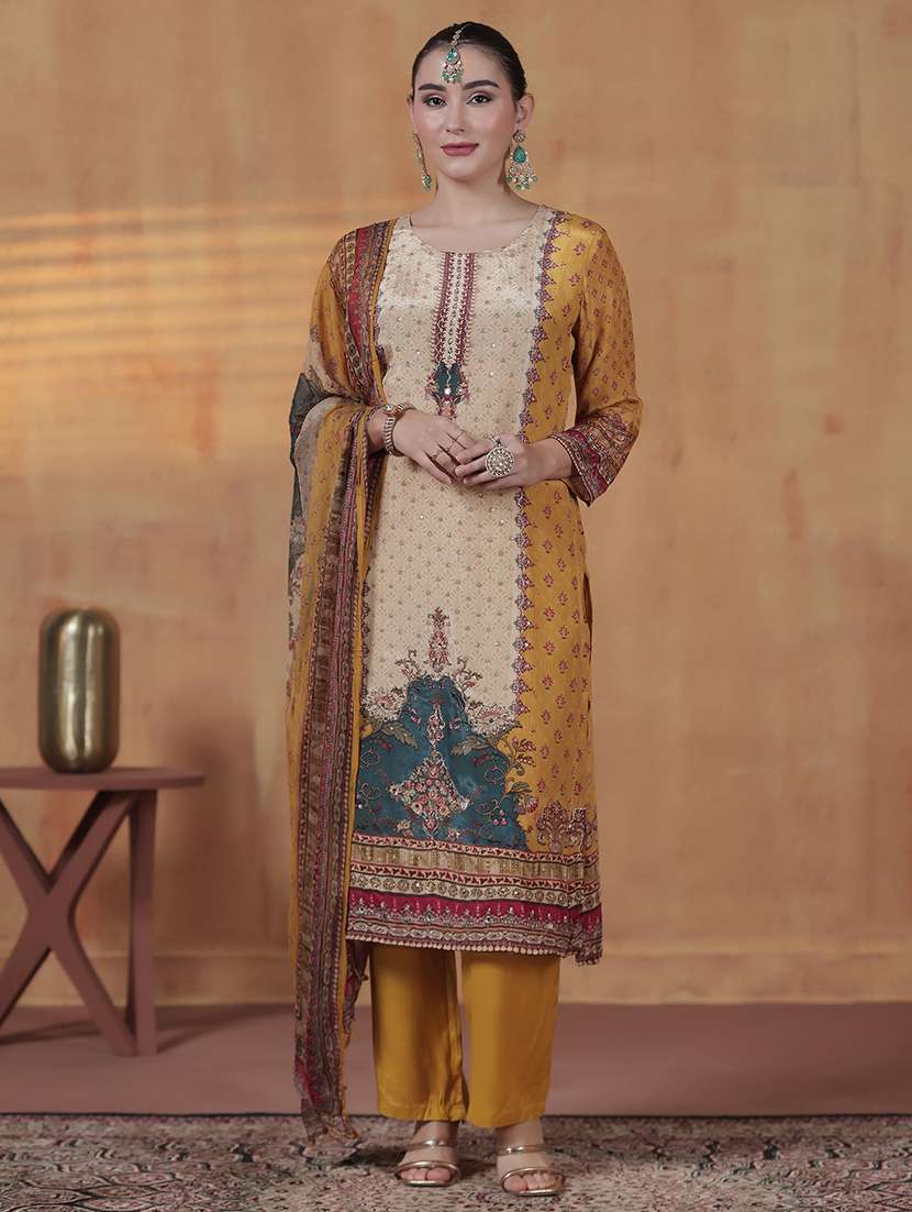 women printed round neck kurta pant with dupatta set