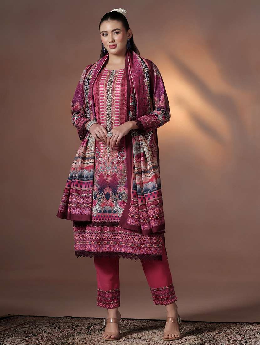 women printed round neck kurta pant with dupatta set
