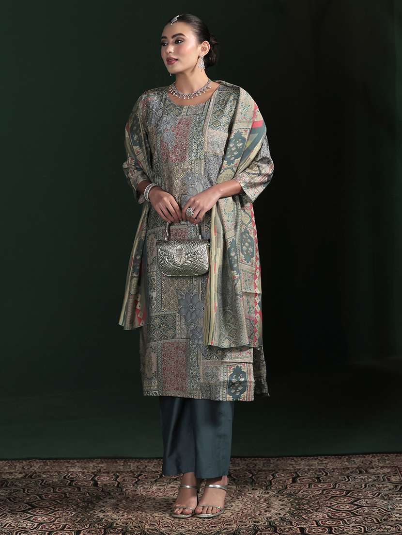 women printed round neck kurta pant with dupatta set
