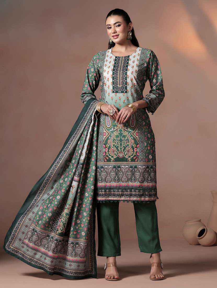 women printed round neck kurta pant with dupatta set