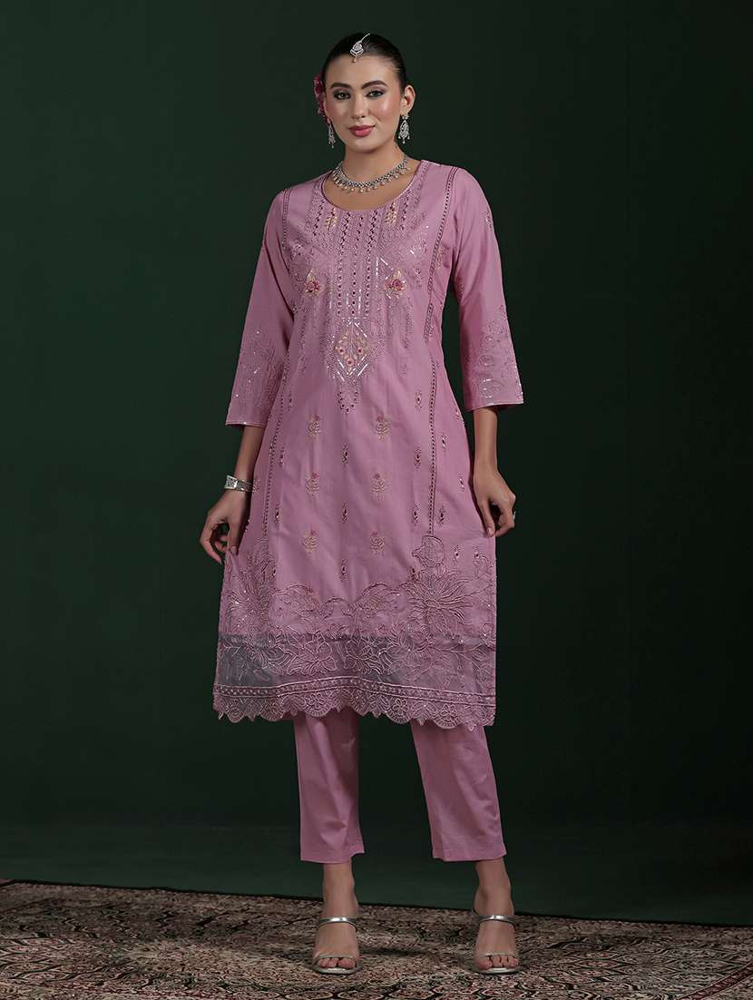 women solid with work three quarter sleeve kurta pant with dupatta set - 22324151 -  Standard Image - 3