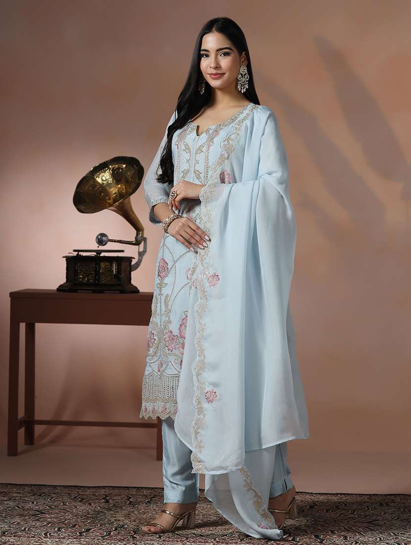 women solid with work three quarter sleeve kurta pant with dupatta set