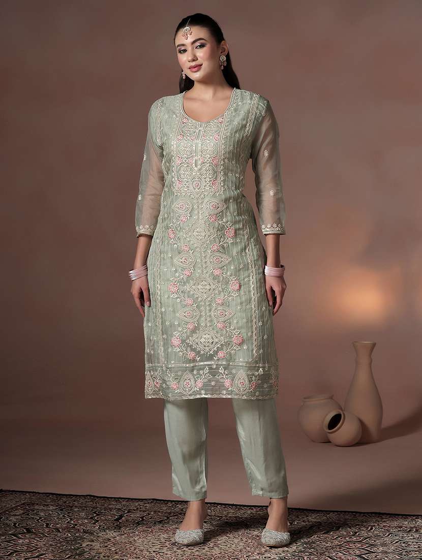 women solid with work three quarter sleeve kurta pant with dupatta set - 22324157 -  Standard Image - 3