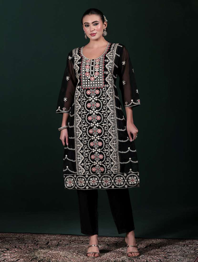 women solid with work three quarter sleeve kurta pant with dupatta set - 22324158 -  Standard Image - 3