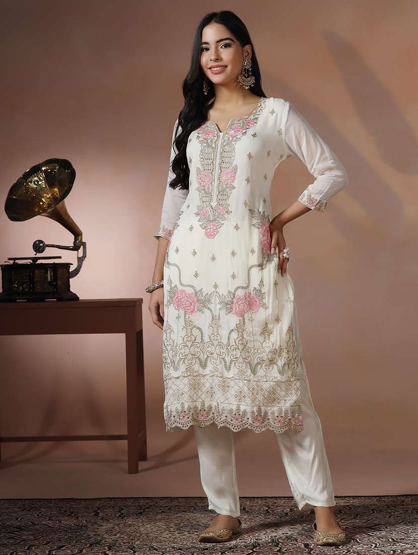 women solid with work three quarter sleeve kurta pant with dupatta set - 22324159 -  Standard Image - 3