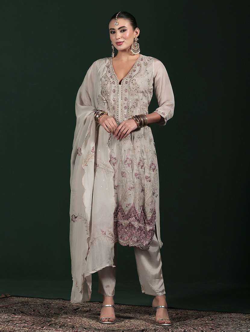 women solid with work three quarter sleeve kurta pant with dupatta set