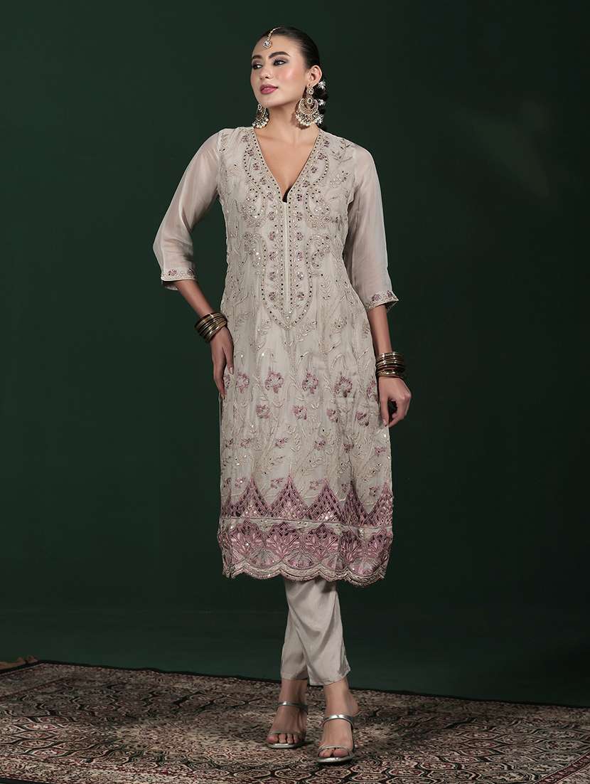 Women Solid With Work Three Quarter Sleeve Kurta Pant With Dupatta Set - 22324160 -  Standard Image - 3
