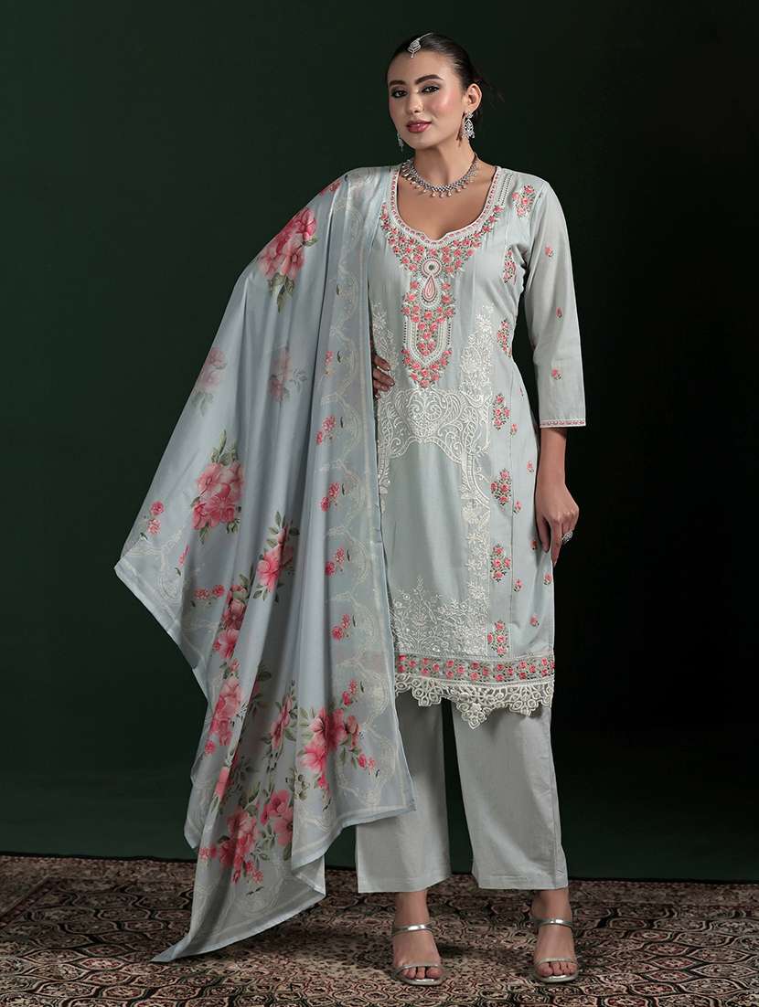 women printed notch neck kurta pant with dupatta set