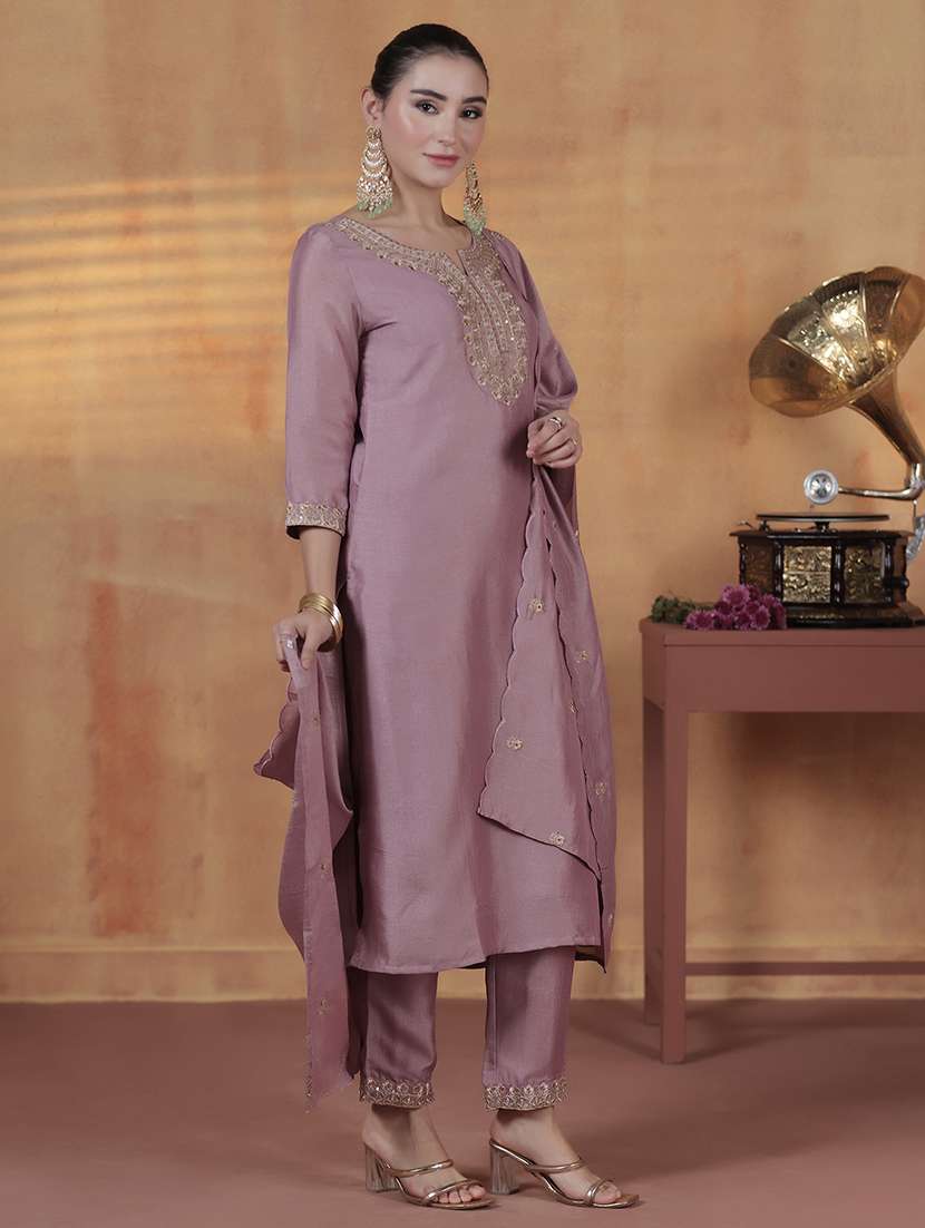 women solid with work three quarter sleeve kurta pant with dupatta set - 22324167 -  Standard Image - 3
