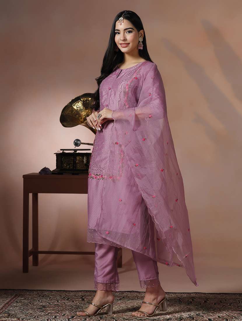 women solid with work three quarter sleeve kurta pant with dupatta set - 22324168 -  Standard Image - 3