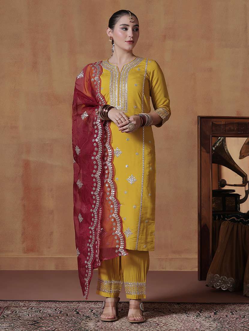 women solid with work three quarter sleeve kurta pant with dupatta set