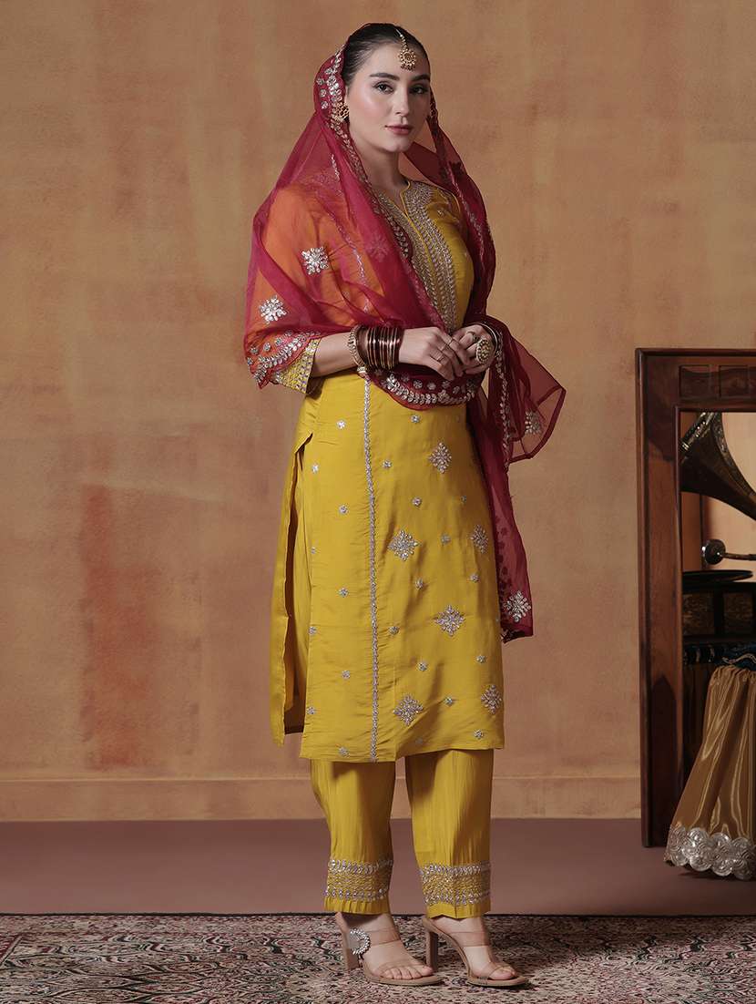 women solid with work three quarter sleeve kurta pant with dupatta set - 22324172 -  Standard Image - 3